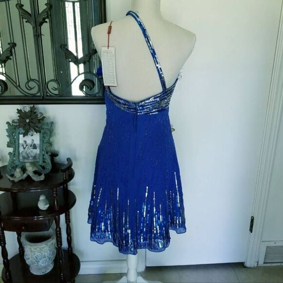 Milano large cobalt blue silver sequin beaded mini dress one shoulder strap form - Picture 5 of 10